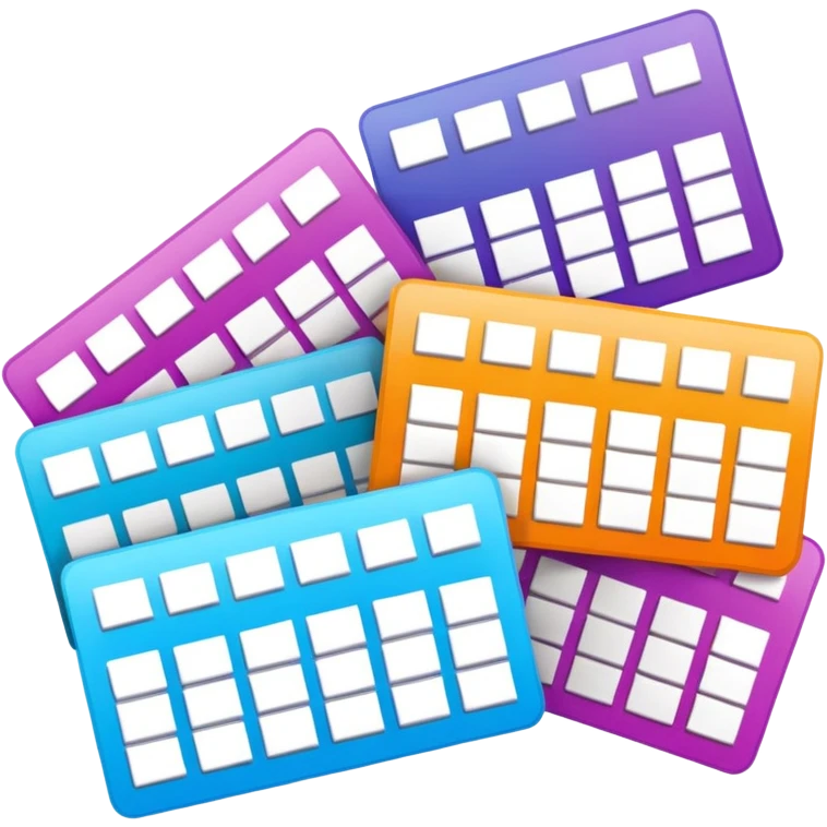 Create blank lottery coupons fanned out, clean and colorful, with different header colors and simple grid sections. No numbers, no text emoji