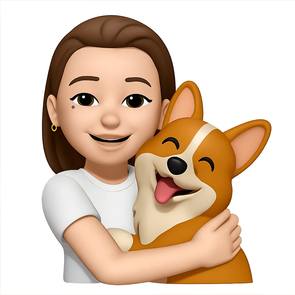 add a white t-shirt to her while she is hugging a corgi dog, keep the golden ring earrings, same style emoji