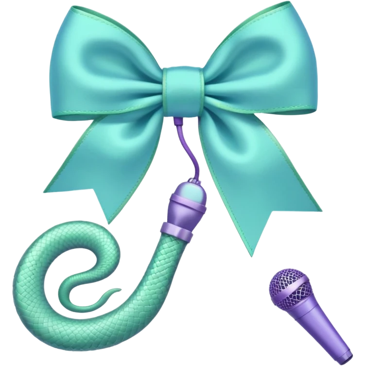 A pastel blue bow with a pastel a pastel green snake at the top of one side and a pastel purple microphone on the bottom of the other side of the bow emoji