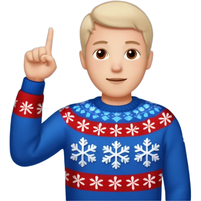 A guy pointing up with one hand and he has a christmas sweater with snowflakes in it emoji