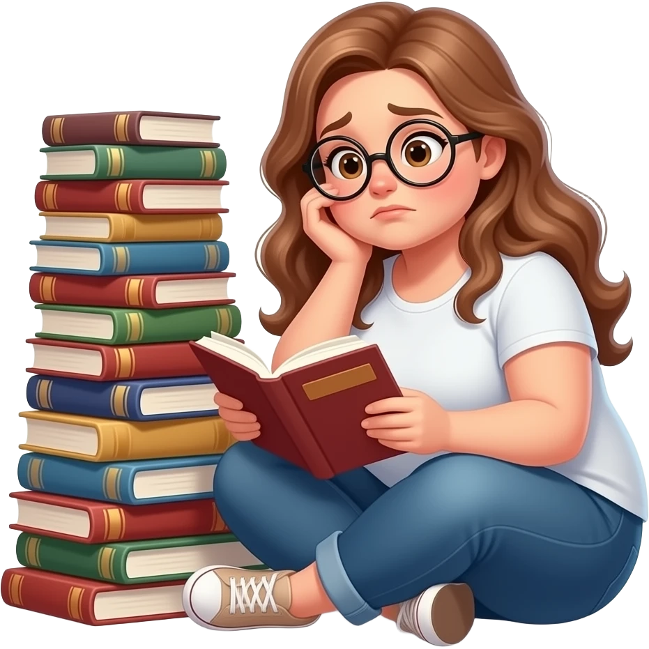 detailed emoji illustration of a curvy woman with long light brown wavy hair, light brown eyes and round glasses sitting next to a huge pile of unread books, overwhelmed reader vibe, cute emoji style emoji