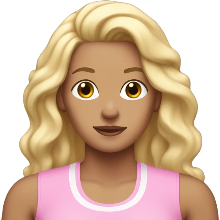 White woman, long hair, blonde hair, wavy hair, baby pink workout clothes, sweat on forehead emoji