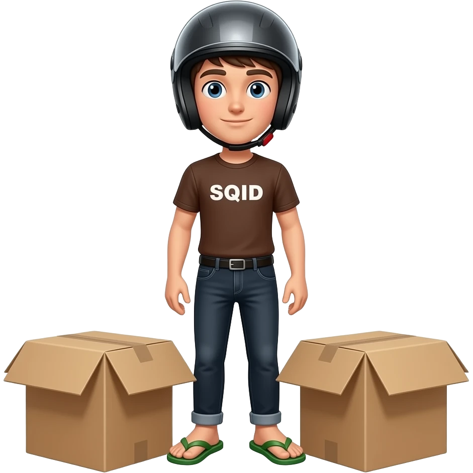 young man with black jeans and a brown shirt with SQID written on it wearing a black motorcycle helmet and green slippers standing behind 2 boxes emoji