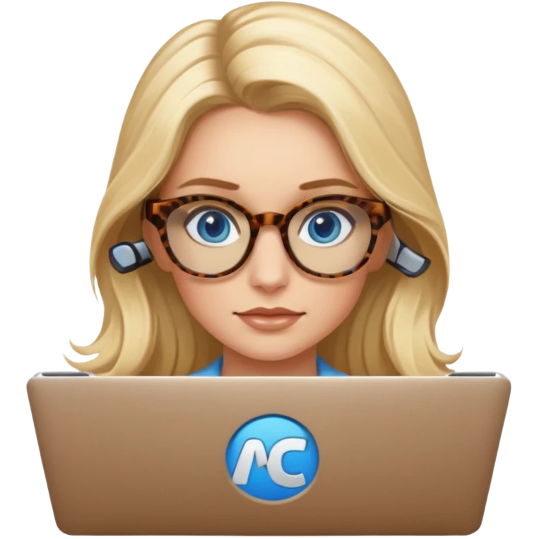  long blown out blonde hair woman blue eyes with tortoise shell print glasses on mac book  emoji