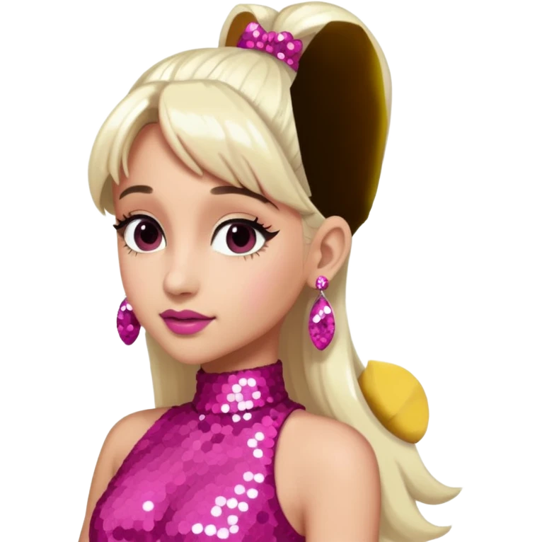 Ariana Grande with long white blonde ponytail hair, dark pink sequin dress, pink earrings emoji