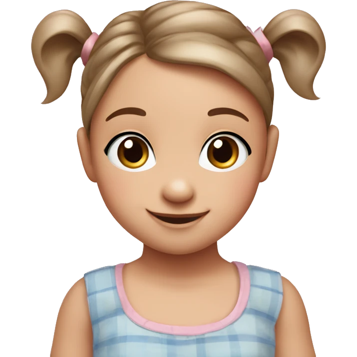 A toddler girl with 2 tiny pig tails on top of her hair with tiny bows, fair skin, blue eyes, brown hair, smiling, wearing a pastel shirt emoji