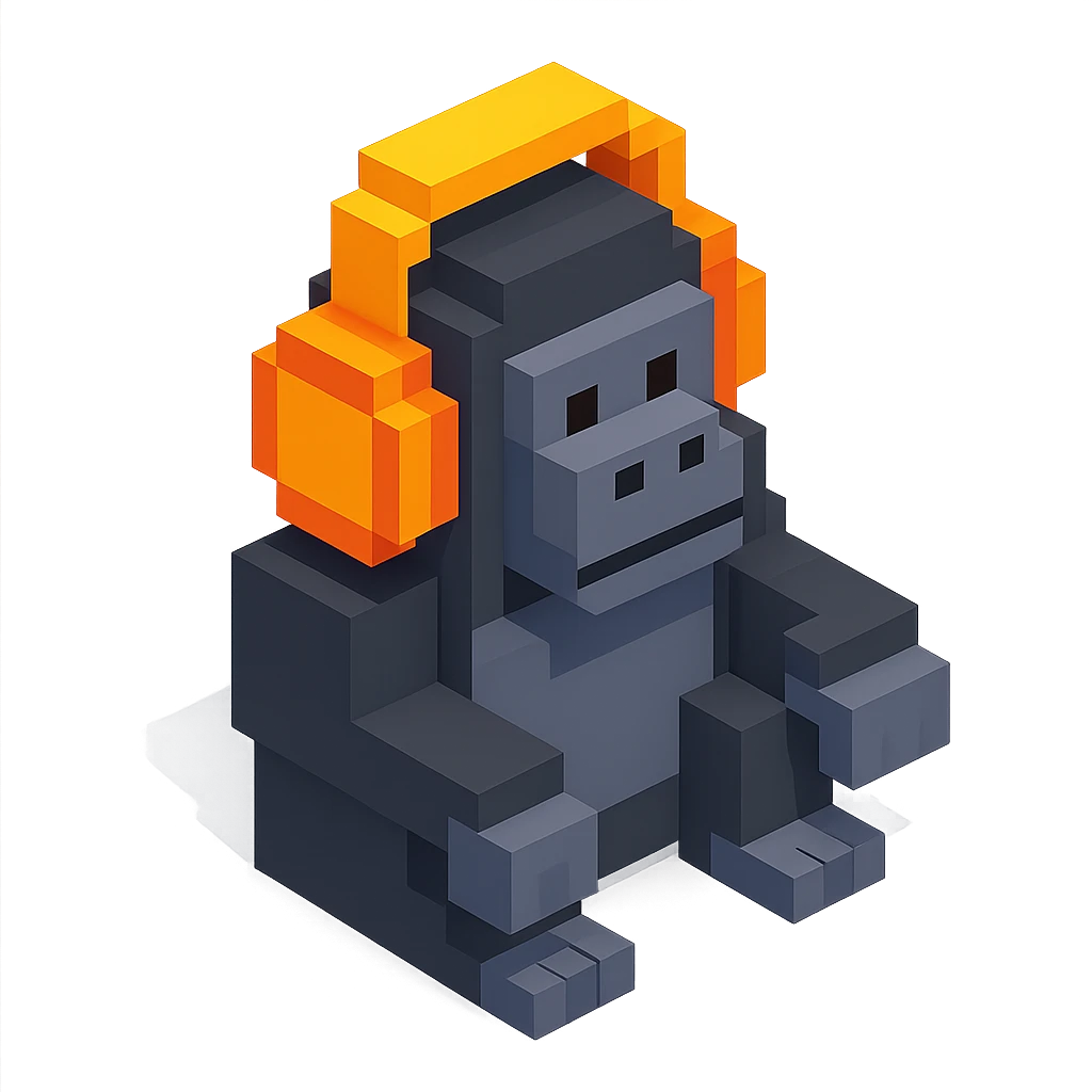 voxel style gorilla sitting and listening to music with headphones, isometric view emoji