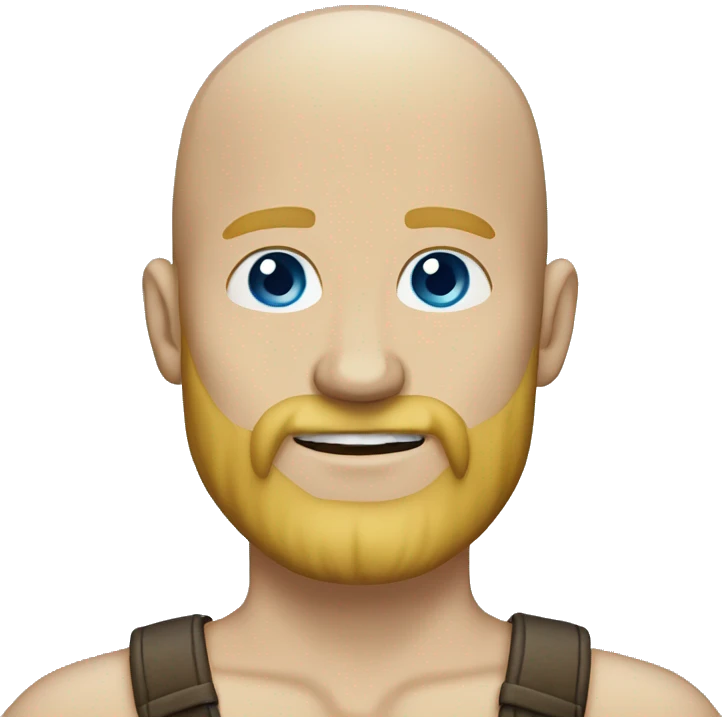 man without hair, very long blonde full beard, blue eye emoji