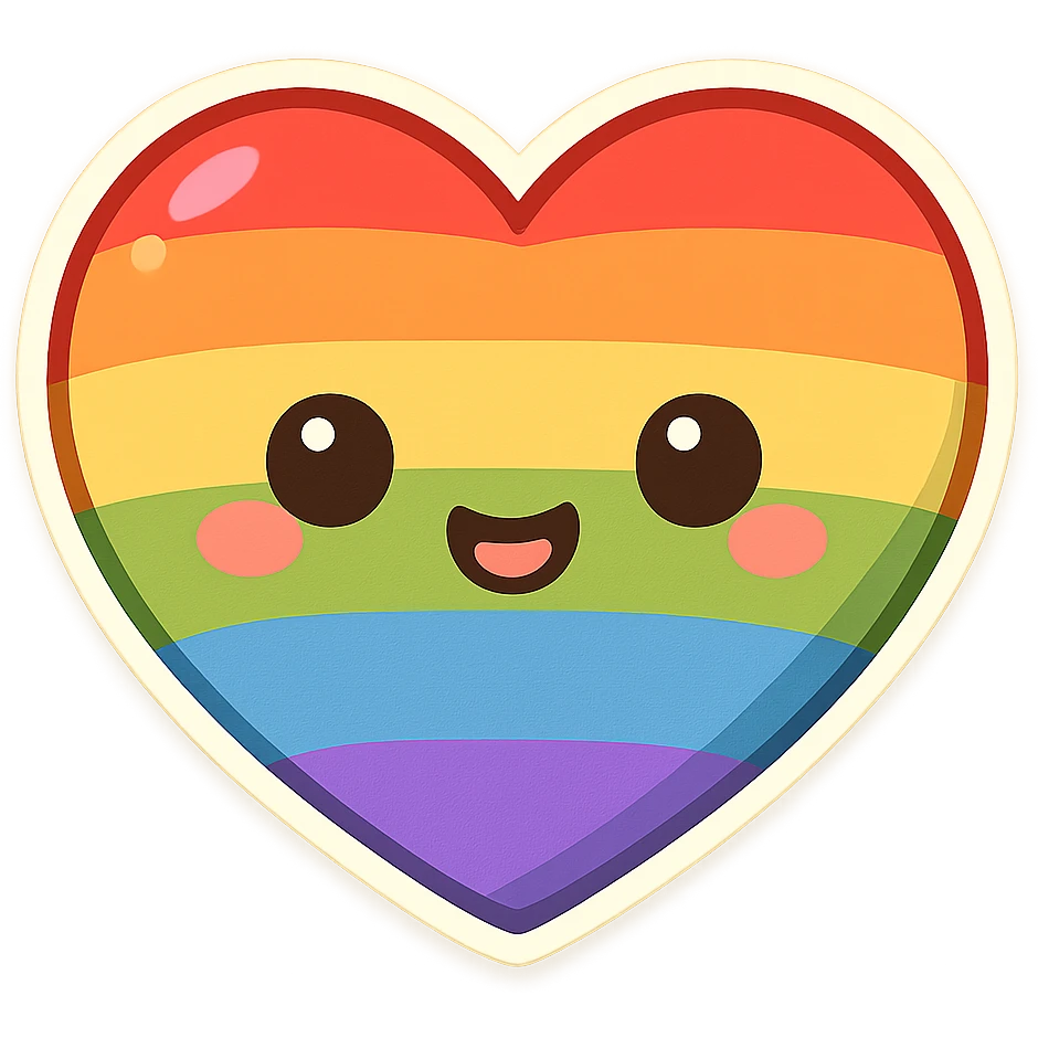 chibi sticker-style rainbow heart with pride flag colors, cute and exaggerated emoji