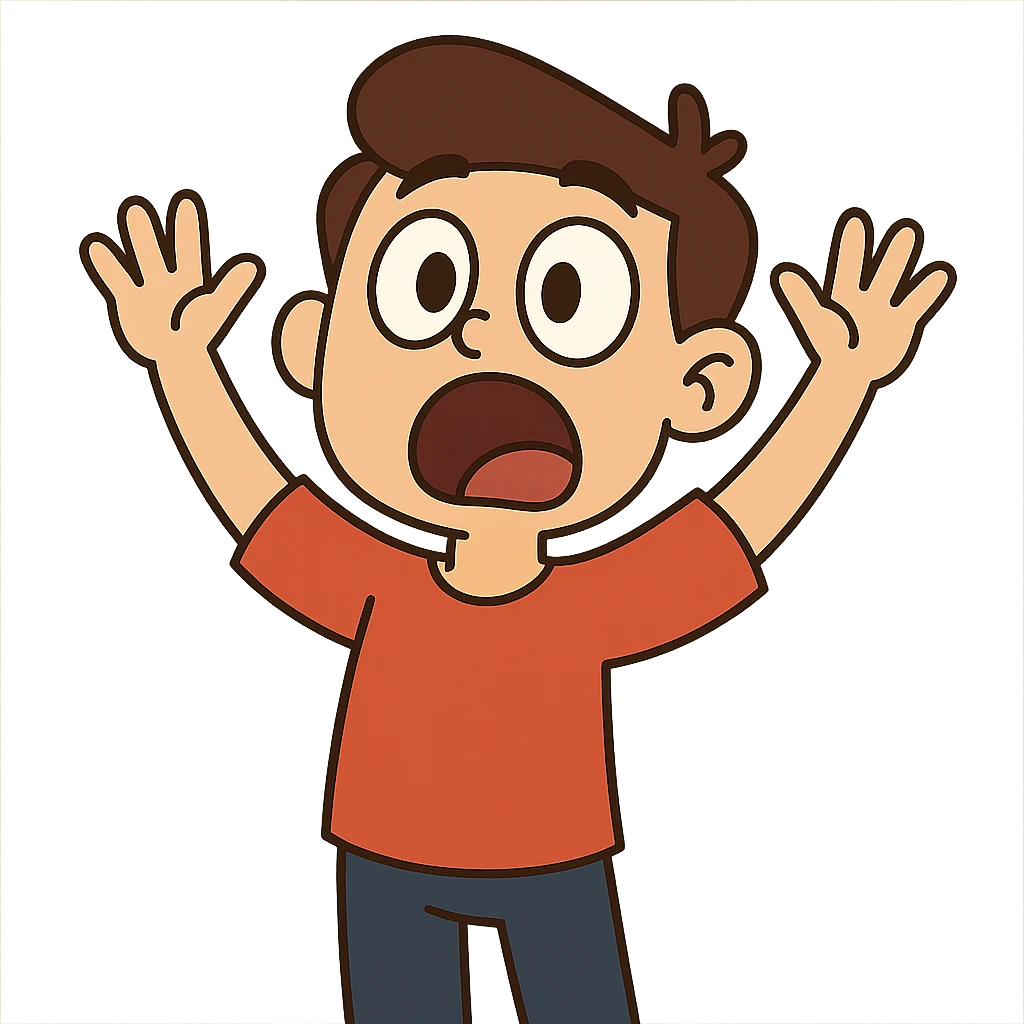 flat toon style character with big eyes and mouth open, hands up, 'aahh' expression emoji