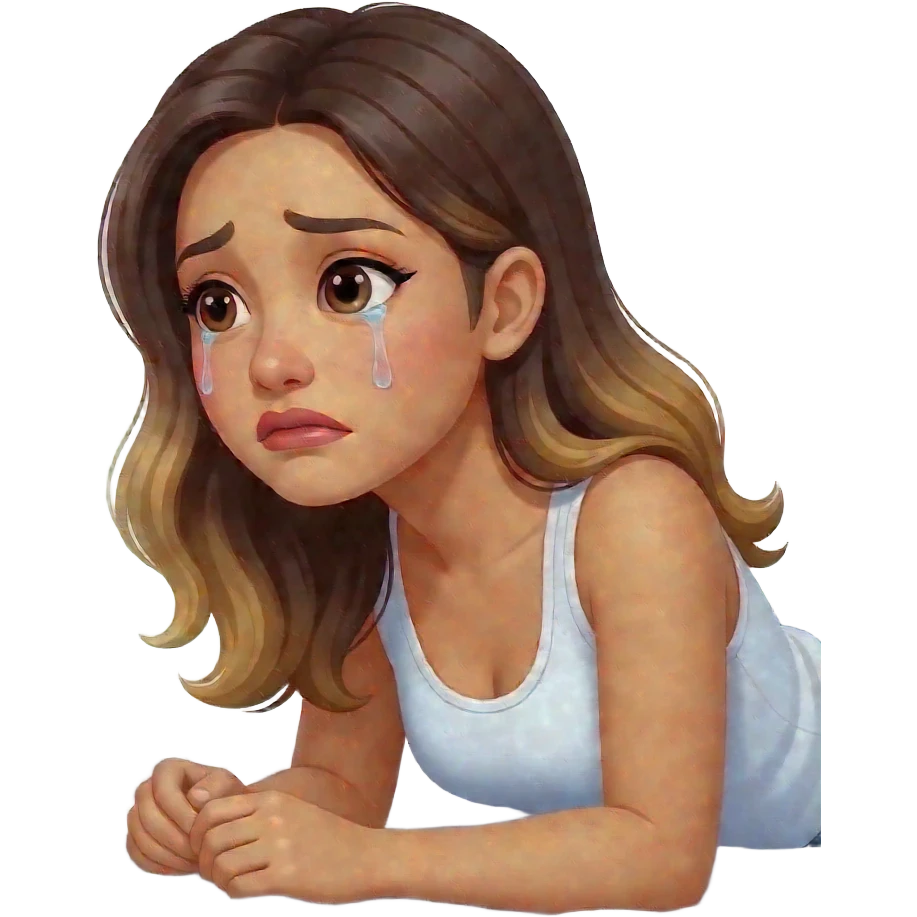Beautiful Filipino woman beautiful eyes with long wavy hair balayage watching tv in bed crying side view emoji
