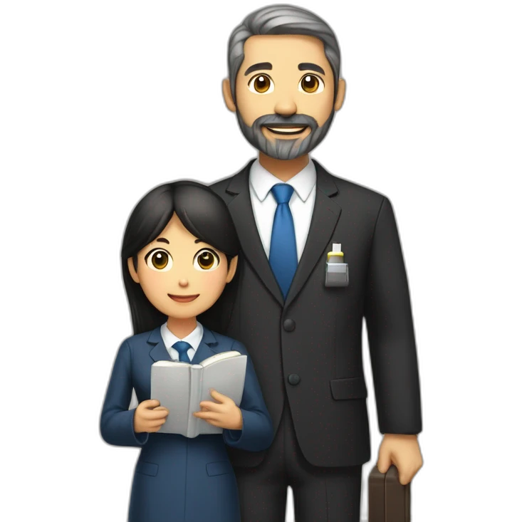 husband american age 55 trimmed beard wearing dark business suit holding bible together, wife asian age 55 wearing nurse uniform, no children emoji