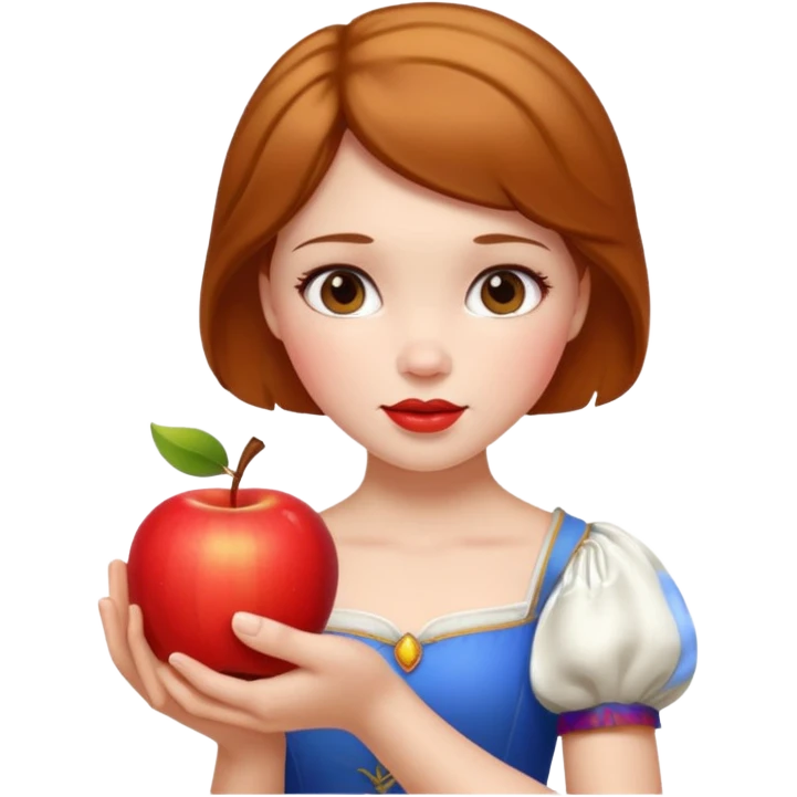 Create an emoji of Snow White holding a red apple, with short golden-brown hair. emoji