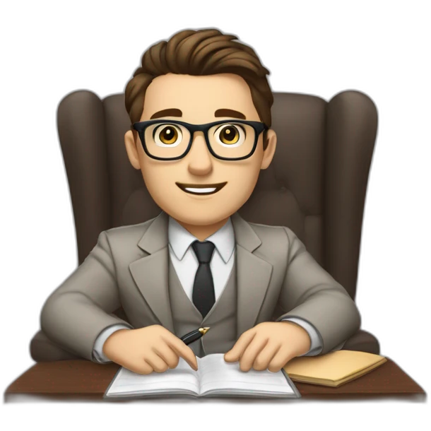 Pale skinned Fit Man With dark brown hair in gray jacket, beige office shirt, Brown pants and vintage glasses sitting In a soft chair with a notebook with emblem Ψ and a pen in his hands emoji