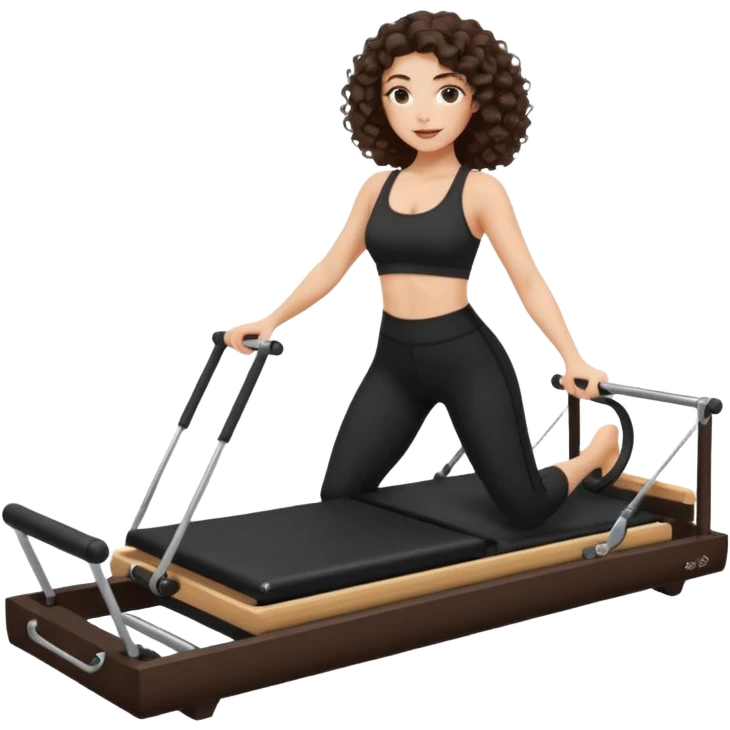 brunette,curly hair shoulder length,turkish,beautiful,with some eyelined eyes, 3b girl doing reformer pilates with black pilates cutesy set,on reformer machine,making different moves.just one person emoji