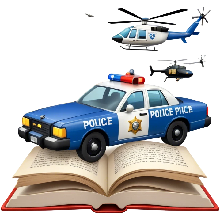 Icon for Action & Crime Reading: an open large book with text on the pages, a police car is driving out, with explosions behind, a helicopter flying above, a pistol with bullets in the front. The icon should capture the thrilling action and suspense of crime stories. Transparent background. emoji