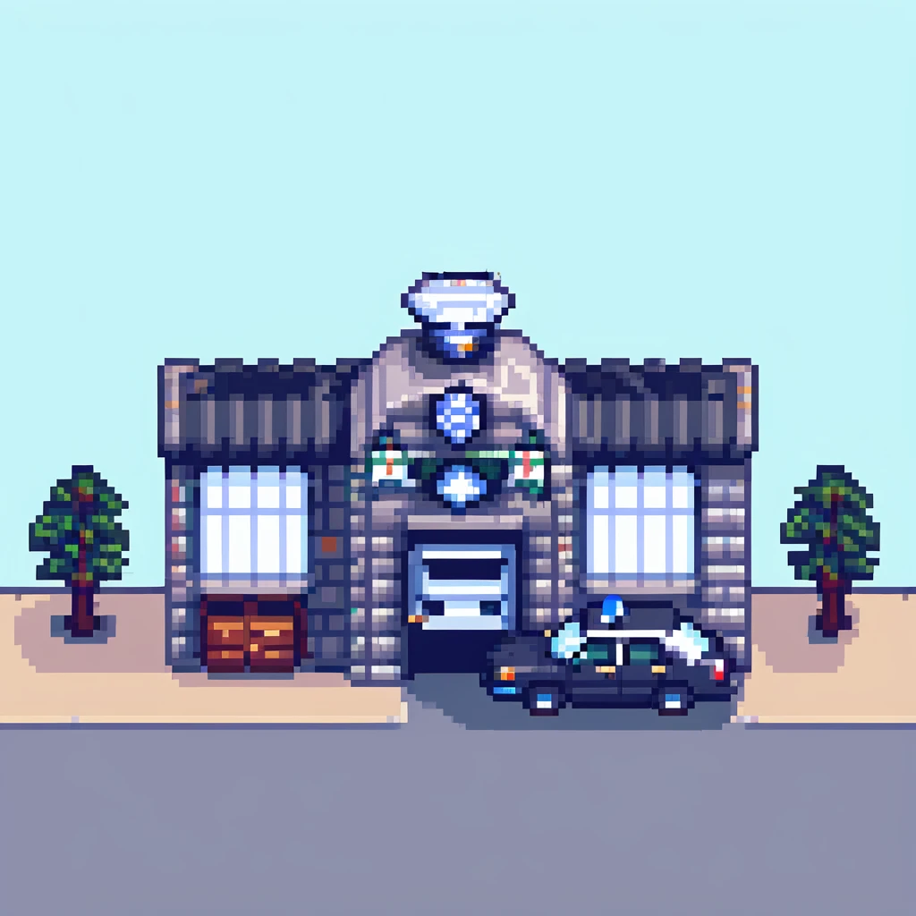 detailed police station building with police car parked outside, pixel art style emoji