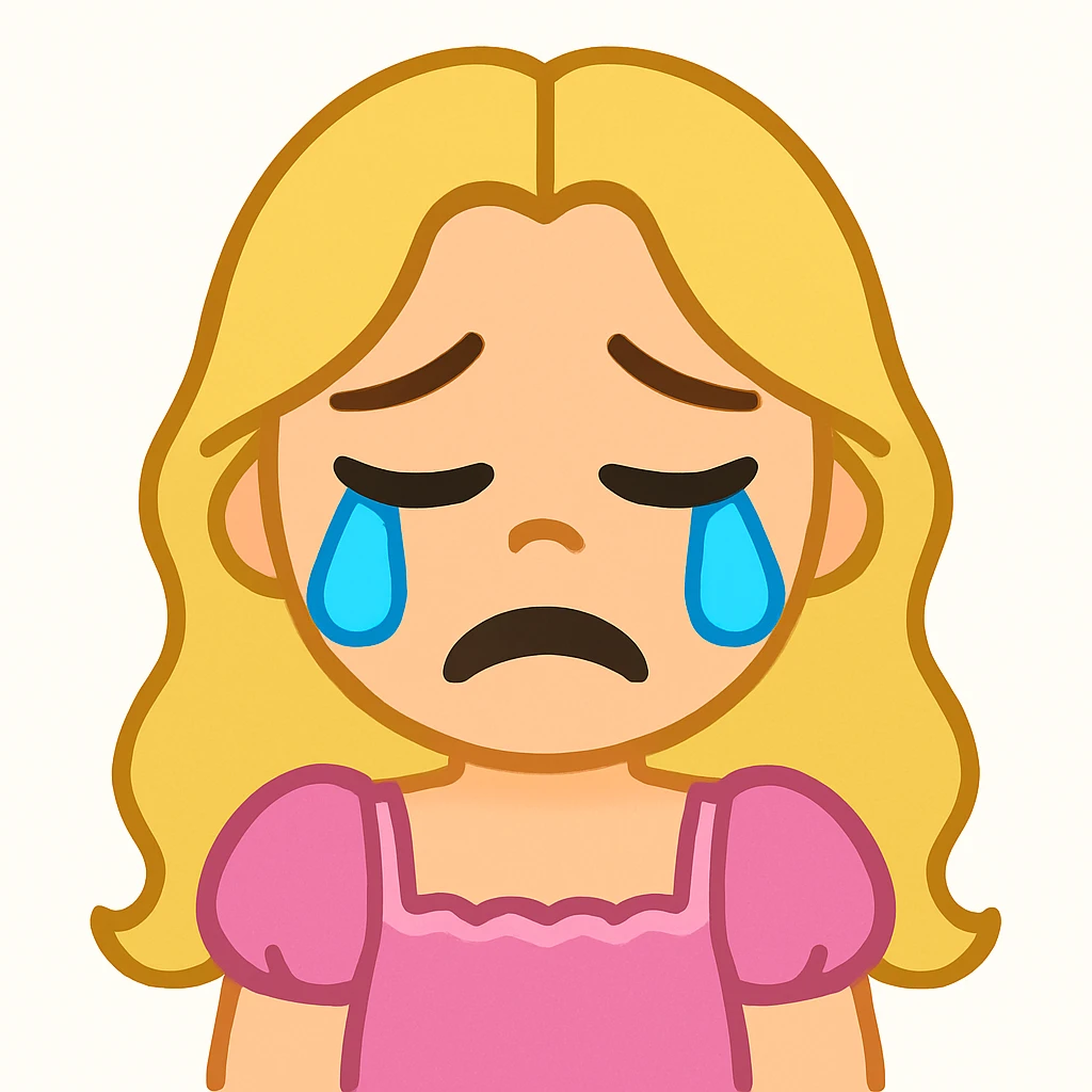 Create an edited version of the reference image in the style of apple emojis. The character should have blonde long hair, green swamp eyes, and wear a pink pastel dress. Change the expression to a crying expression while keeping all facial features, clothes, and hairstyle from the reference. emoji