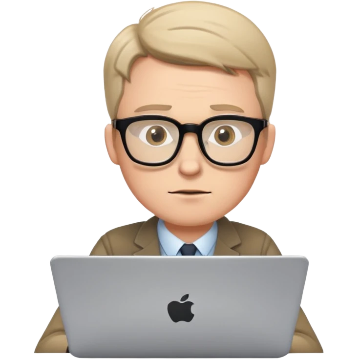 white male journalist typing on a laptop, wearing glasses, focused expression emoji