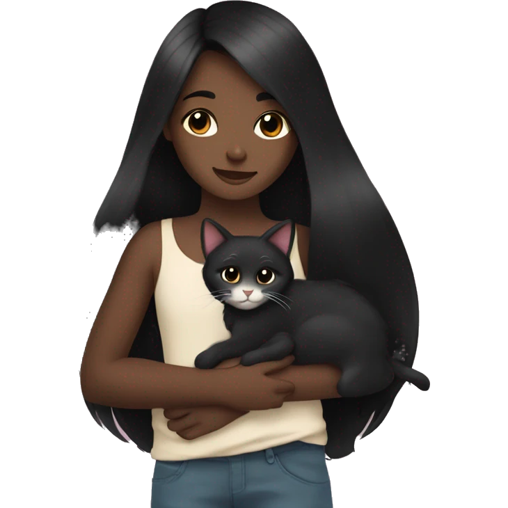 girl with very long black hair and dark skin hugging a cat  emoji
