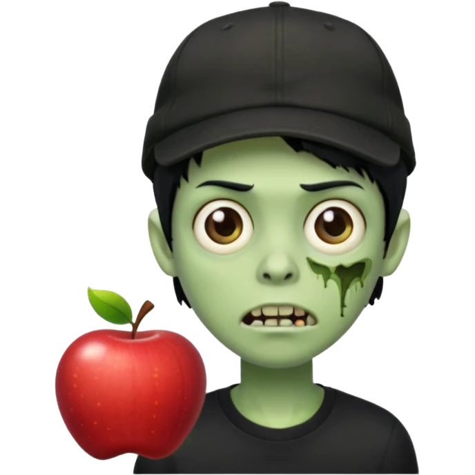 Green zombie, black hair, designer cap turned to the left, black shirt. Apple iOS style. emoji