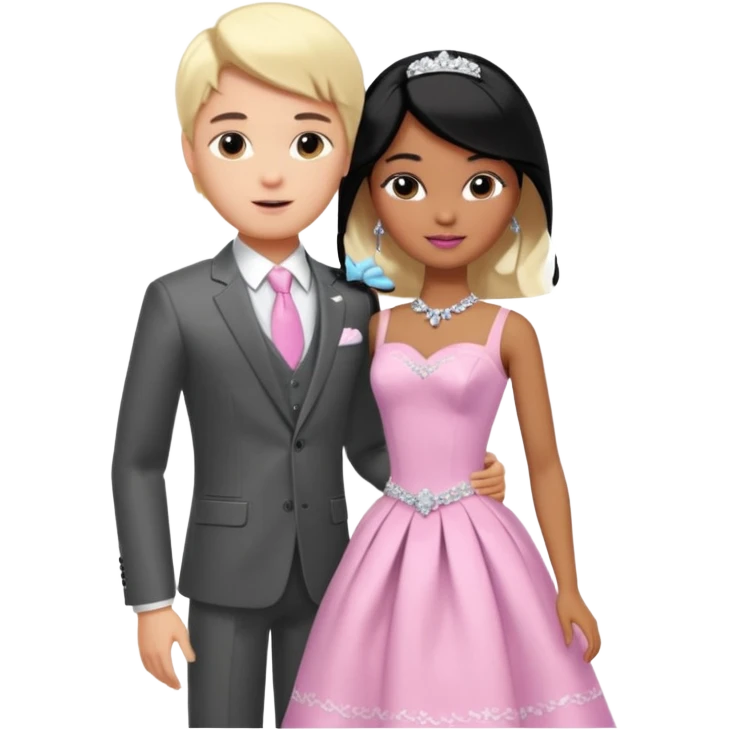 pretty light blonde girl barbie wedding to boy nerd with short black hair and dark tan skin on the cheek emoji