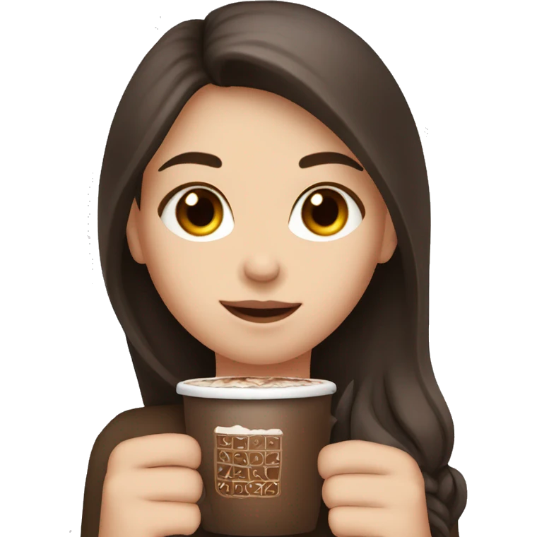 white girl with dark brown long hair and a hot chocolate emoji
