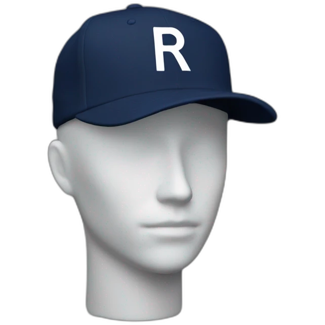 a navy baseball cap with a small white letter R on the front, seen from the side emoji