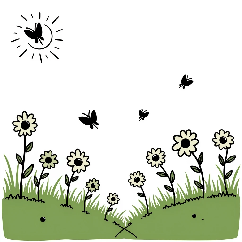 spring theme with blooming flowers, green grass, butterflies, and sunshine in pastel colors dd9fb0, ffc6d3, a3bfc9, c4bee2, f1b091, detailed hand-drawn doodle style emoji