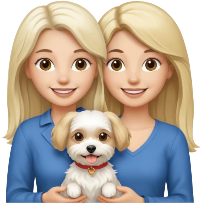 two women holding one Maltese dog one is brunette the other is blonde long haired  emoji