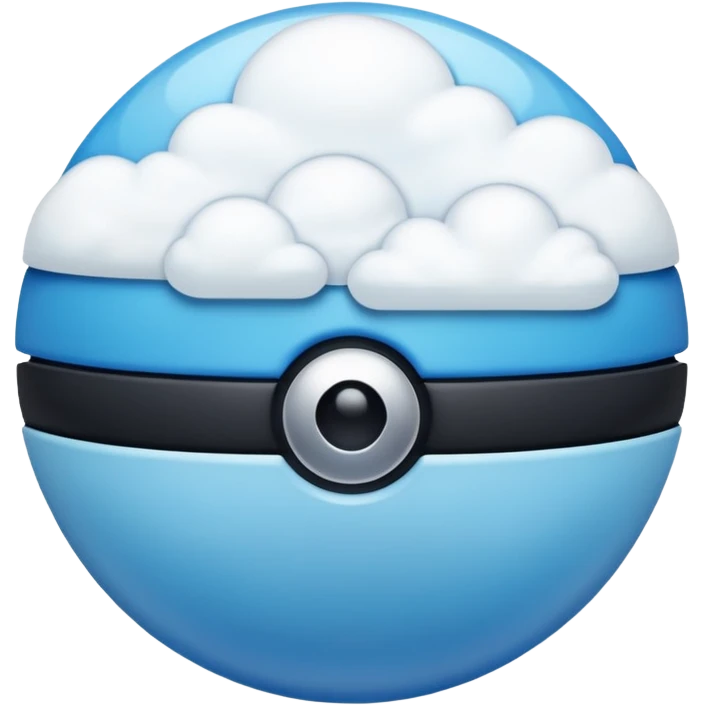 blue pokeball emoji, top half is a more saturated blue, bottom half is white, black stripe, with a white sheen, with a pearlescent finish, with a cloud effect emoji