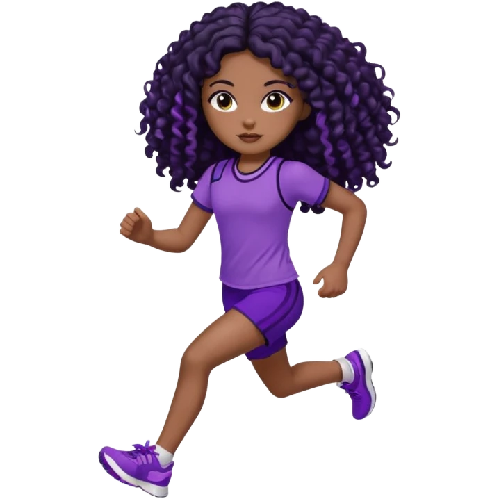 Uma boneca morena escura com olhos castanhos e cabelo cacheado longo preto até o peito, treinando correndo a roupa top até o meio da barriga roxo com detalhes preto e short roxo com detalhes preto emoji