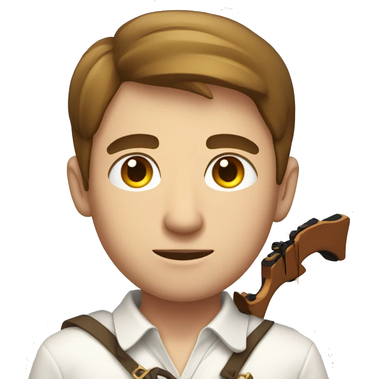 a male, aiming with a bow, facing  his target, eyes closed, wearing a white shirt, very short brown hair, bright skin, only show upper part of the body from waist up emoji