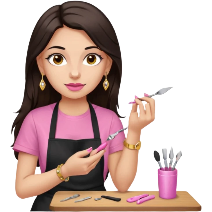 Fille cheveux long châtain foncé, peau beige type européen yeux marron, teeshirt rose avec un tablier noir, piercing au nez anneau doré, boucle d’oreille type diamant doré. Elle fait les ongles nail artiste emoji
