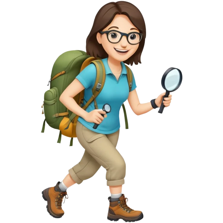 Extremely happy joyful woman in her late 30s with glasses wearing sporty outfit, hiking boots, and backpack, holding a magnifying glass with big smile emoji