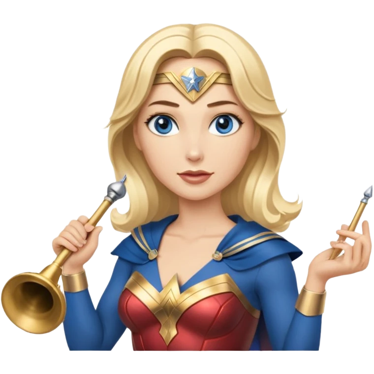 Blonde blue eyed Wonder Woman holding white orchestra conductor’s baton and bell emoji