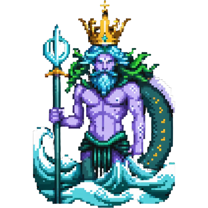 Neptune with trident emerging from ocean waves, sea god with crown emoji