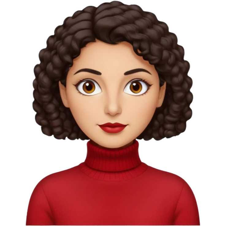 30 yr iranian woman dark brown hair curly wavy short hair, red turtle neck sweater, thick eyebrows emoji