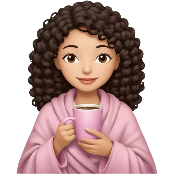 hispanic woman, light brown skin, black long 3b curls, closed eyes, feminine face, holding soft pink coffee cup with beige blanket over shoulders emoji