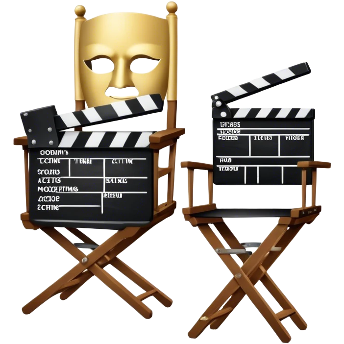 Icon for Acting: a theatrical mask, stage lights, a director’s chair, a script, a vintage film camera and a clapperboard, representing the craft of acting in theater and film. The design should reflect creativity, performance, and storytelling. Transparent background. emoji