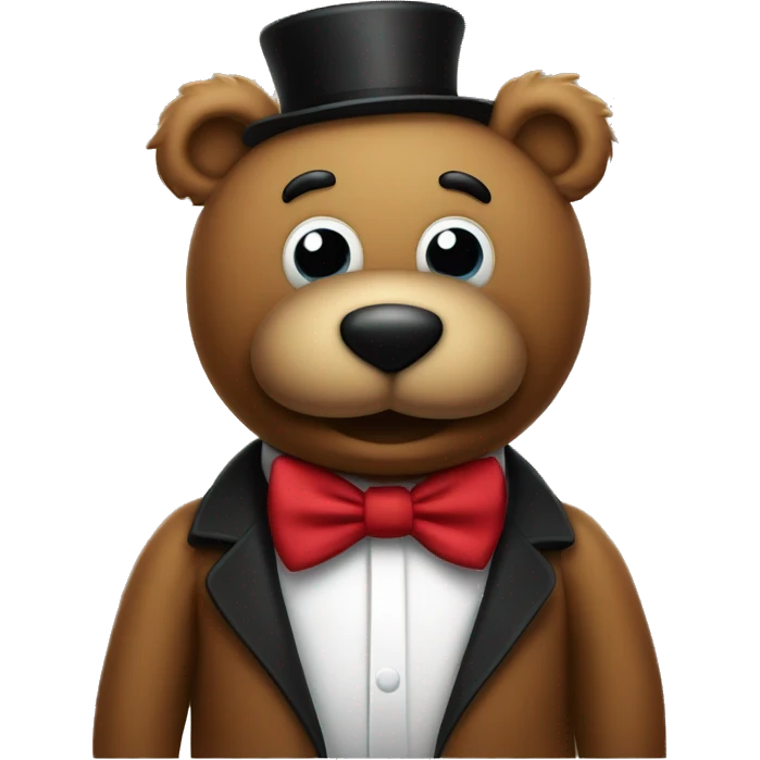 elmo like light brown teddy bear, one eye is red, wearing magician hat and black color bow tie, emoji