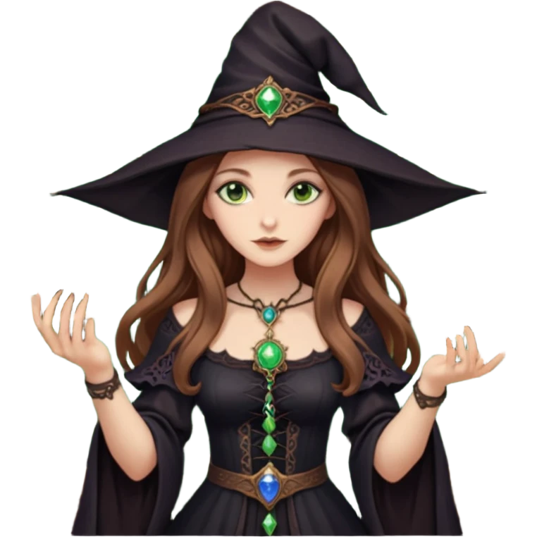 dark witch girl with long light brown hair and green eyes and Tarot cards emoji