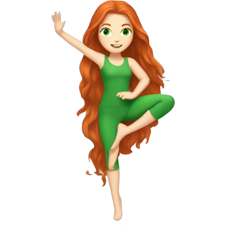 long-haired redhead woman with green eyes, doing the splits emoji