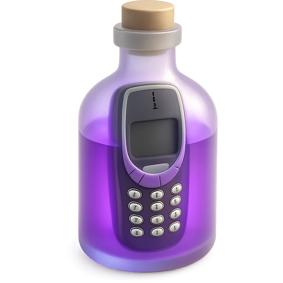 Create a highly realistic 3D transparent bottle with a clearly visible Nokia 3310 style phone inside. The phone should have bright, clearly visible buttons. Surround the phone inside the bottle with a vibrant violet elixir. No text included. emoji