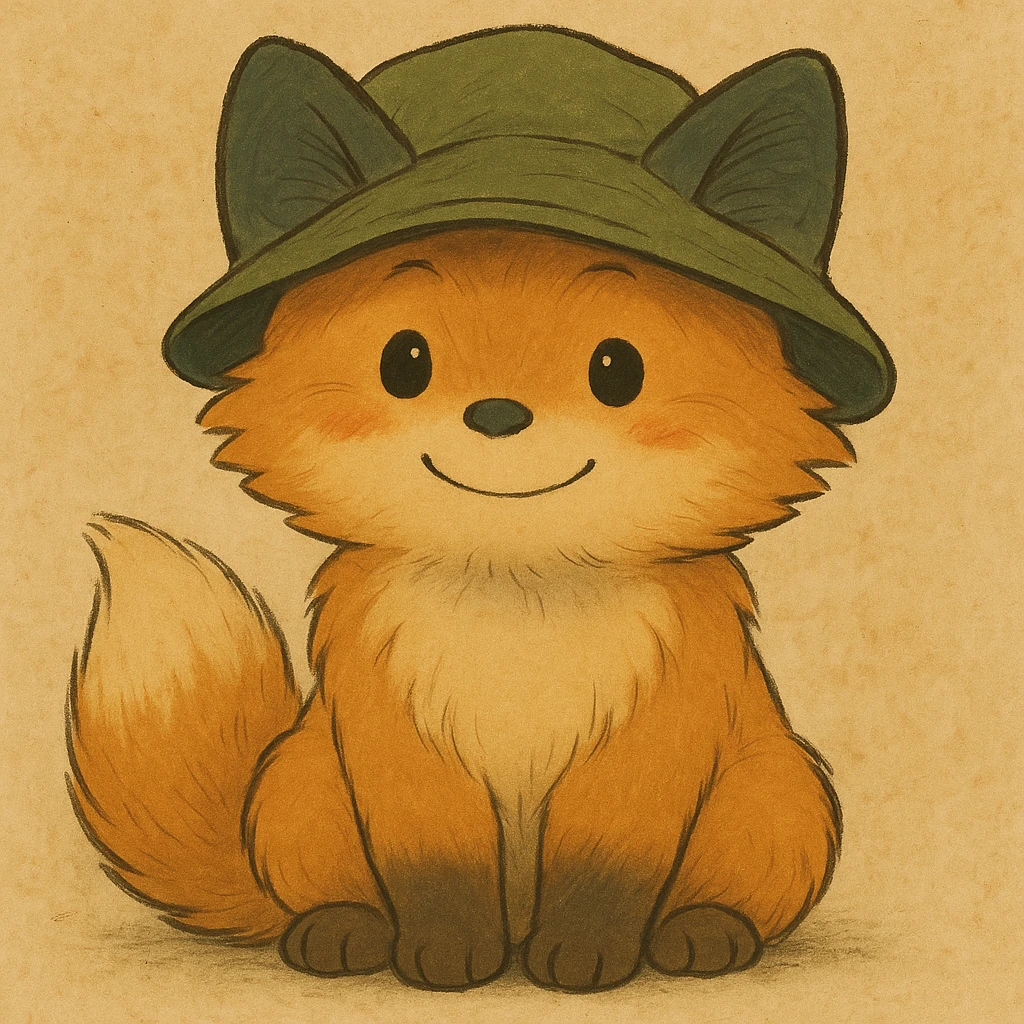 A cute, fluffy fox with a round head in the style of Studio Ghibli, wearing a hat. emoji