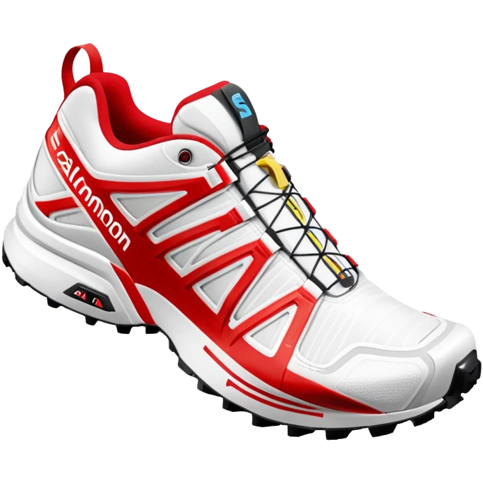 White Salomon XT-6 shoes with the signature colored speedcross stripe running through the middle, red Salomon logo stripe, one shoe behind the other, iOS emoji style, rest of the shoe pure white emoji