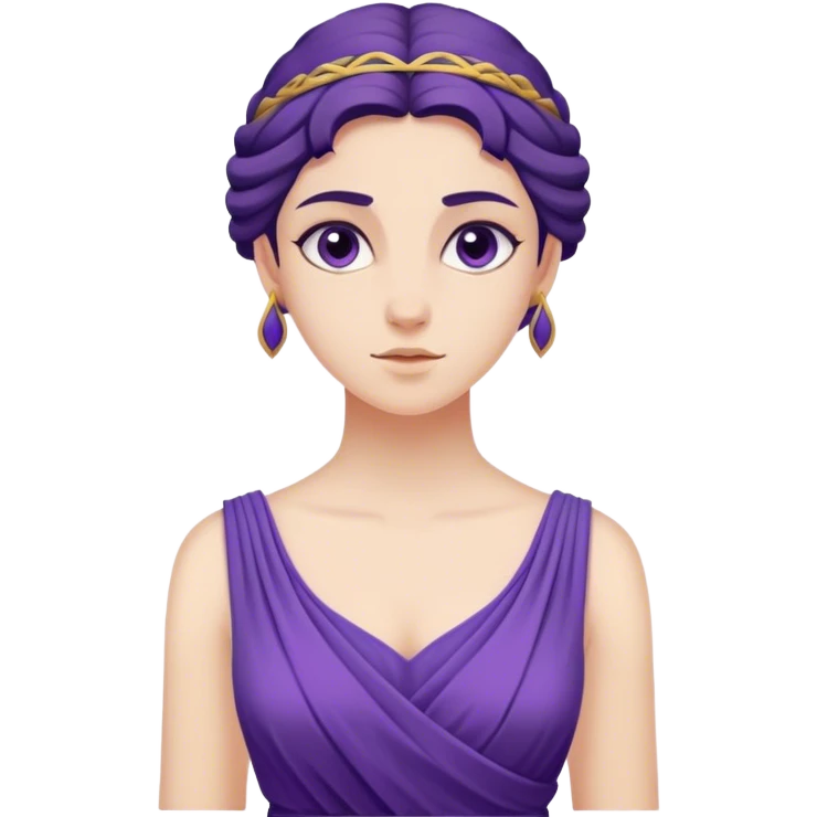 Jeune femme en robe violette style Grèce antique, expression malicieuse, inspirée d’un dessin animé mythologique emoji