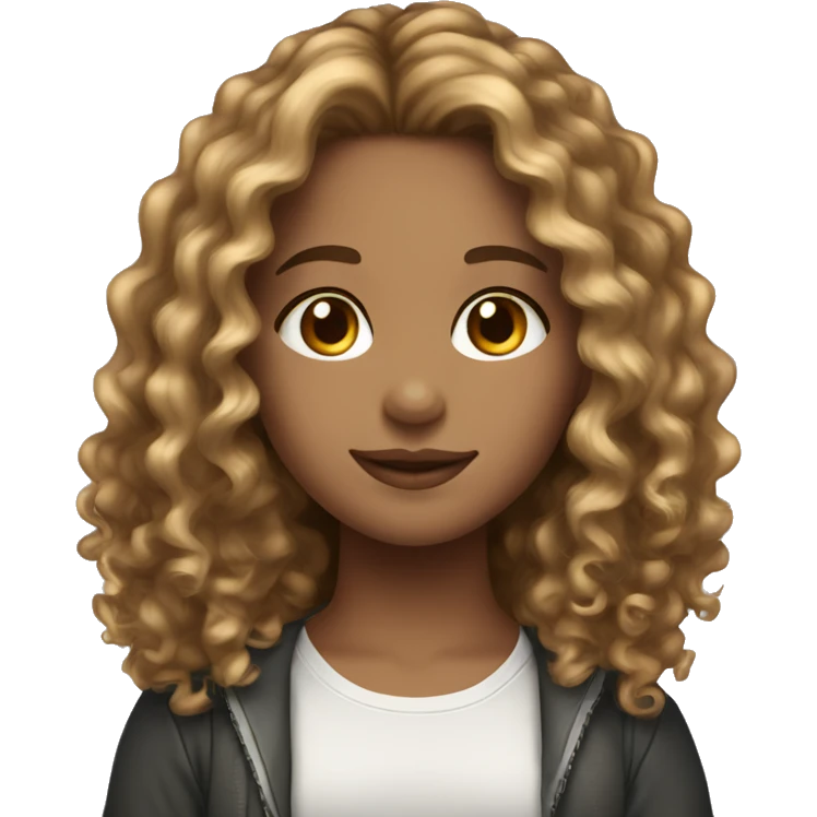 girl with brown curly hair and blonde highlights wearing a  emoji