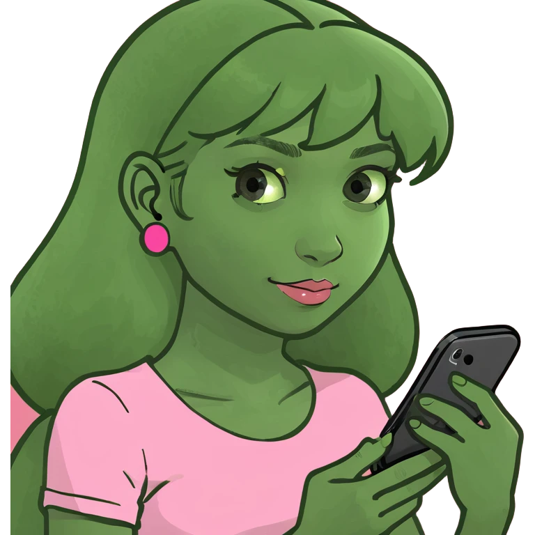 kawaii girl scrolling on pink cell phone emoji