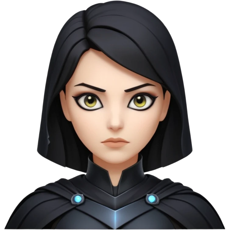dark sci-fi villain female portrait, head and shoulders only, black armor, cape collar, intense eyes, sharp confident expression, subtle futuristic makeup, dramatic lighting, 3D cartoon, mobile game icon style, clean background, no text, no watermark
 emoji